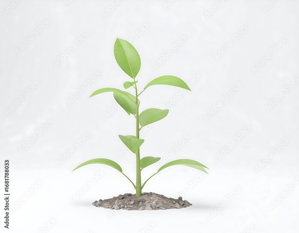 Obraz premium A vibrant young plant sprouts from the earth, showcasing fresh green leaves against a simple white backdrop.