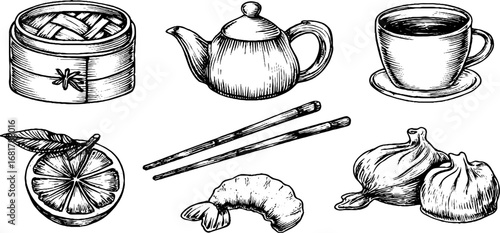 Hand drawn doodle icons set of tea pot, tea cup, and asian cuisine elements for design