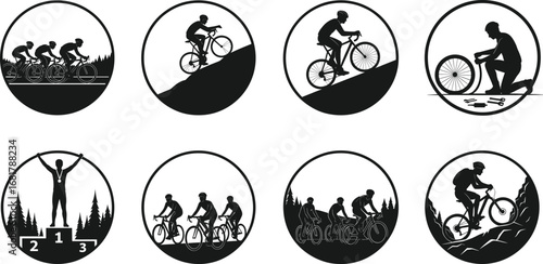 Cyclists riding on mountain trails, team road biking, uphill climb, bicycle repair, and cycling competition vector icon collection.