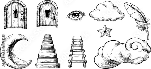 Hand drawn doodle icon set featuring windows, doors, and keyholes for creative design