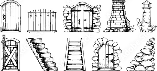Hand drawn doodle icon set of doors, windows, and balconies for design projects