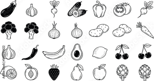 Assorted vegetables and fruits vector line art illustration