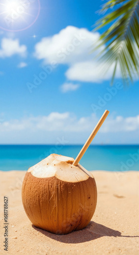 Wallpaper Mural Refreshing coconut drink on vibrant sunny tropical beach Torontodigital.ca