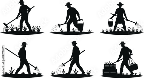 Farmer silhouette set working in the field – vector illustrations of agriculture, planting, watering crops, harvesting and rural labor