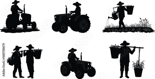 Farmer silhouette vector set – working with tractors, watering plants, harvesting crops – traditional agriculture and farming activity illustration.