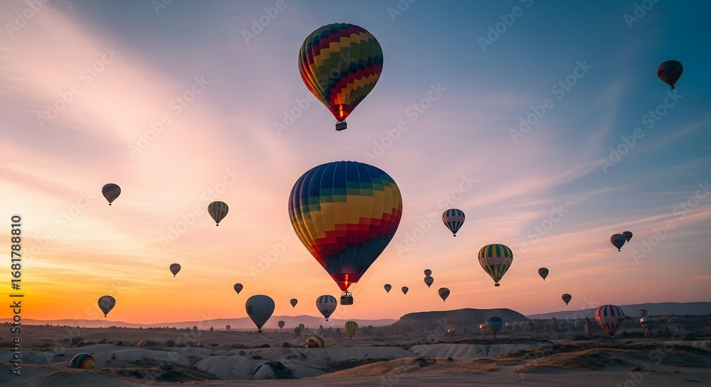 Obraz premium Majestic aerial spectacle of colorful hot air balloons gliding through a vibrant sunrise sky over a tranquil, exotic terrain