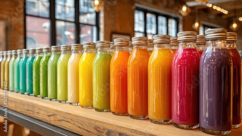 Wallpaper Mural Colorful juices lined up on wooden counter Torontodigital.ca