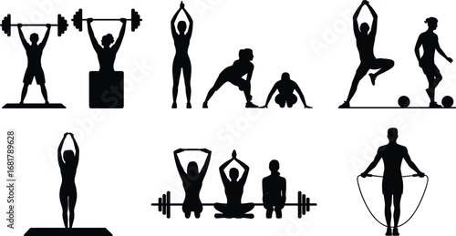 Silhouette fitness vector compilation featuring weightlifting, yoga poses, stretching, skipping rope and group training—conveying strength, wellness, agility, balance and active lifestyle