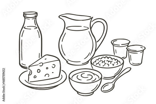 Dairy products set sketch outline thick contour vector illustration