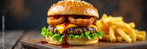 Juicy grilled burger, smoky barbecue sauce dripping down, toasted bun, crispy lettuce, melted cheese, onion rings, side of fries Perfect summer meal , grilled, side