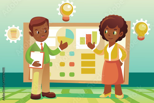 Male and female figures with idea icons, charts, and communication bubbles — teamwork and equality