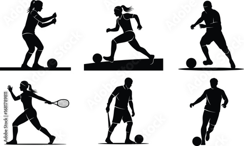 Silhouette sports vector set featuring soccer players, football athlete, and tennis player in dynamic action poses on white background.