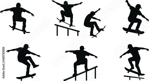 Silhouette vector illustration of skateboarders performing tricks and stunts on rails and in mid-air, ideal for urban sports design.