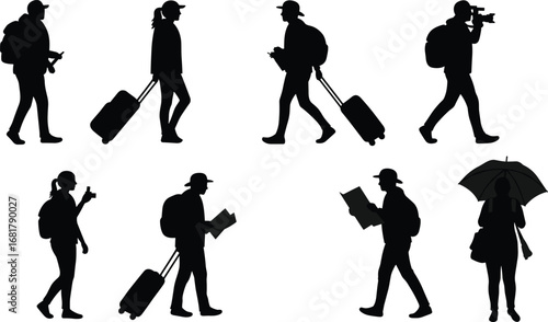 Silhouette vector set of travelers walking with luggage, reading maps, filming videos, using phones and holding umbrellas in motion.