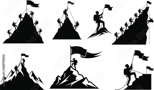 Silhouette vector set of climbers reaching mountain peaks, hiking, planting flags, and conquering summits in teamwork and solo.