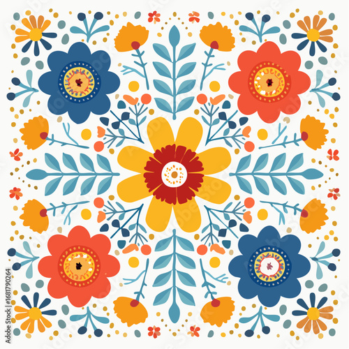 Floral pattern watercolor style vibrant colors symmetrical arrangement folk art inspired decorative element