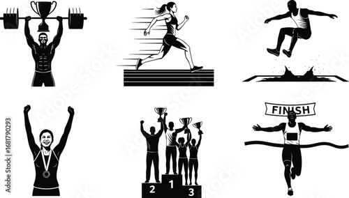Sports achievement and athletic competition silhouettes vector set showing weightlifting, running, jumping, winning medals, and podium celebration.