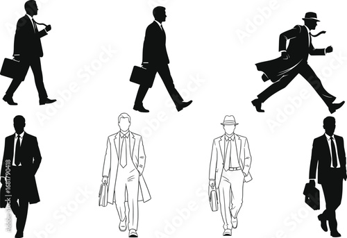 Stylish businessman silhouettes walking and in motion—vector illustration set showcasing executives with briefcases, dynamic strides, and professional movement.
