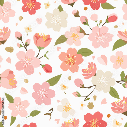 Cherry blossom seamless pattern pink white flowers scattered petals springtime floral motif