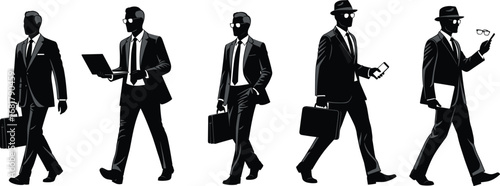 Stylish silhouettes of male professionals walking with briefcases and electronic devices—modern business vector set showcasing confident urban corporate movement.