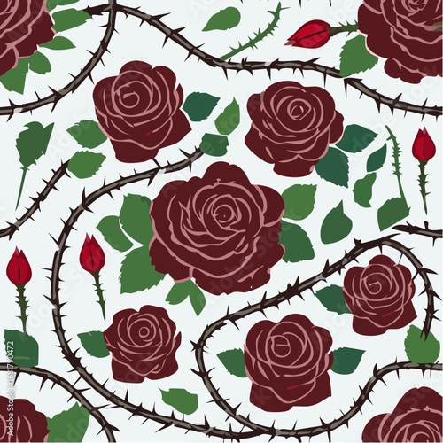 Roses and thorns seamless pattern dark red roses thorny branches romantic floral