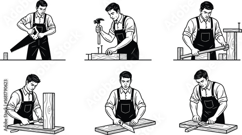 Vector illustration set of carpenter working with wood, using saw, hammer, chisel, and measuring tape in black and white.