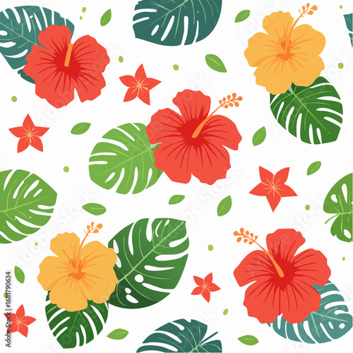 Tropical floral pattern vector with hibiscus flowers and monstera leaves summer hawaiian theme vibrant colors
