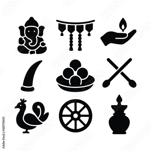 Ganesh chaturthi cultural silhouette icon set