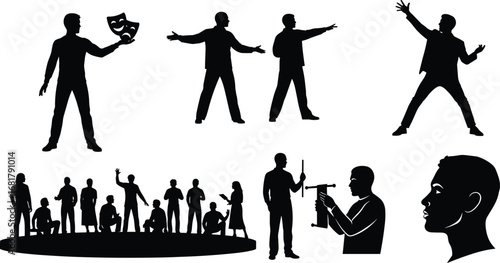 Vector silhouettes of theater actors performing drama scenes on stage, acting in play rehearsals, and holding theatrical props or masks.