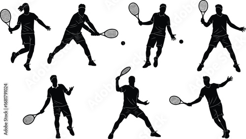 Vector silhouettes of tennis players, tennis racket, sports action poses, tennis match, athlete playing tennis, tennis game, racket sports.