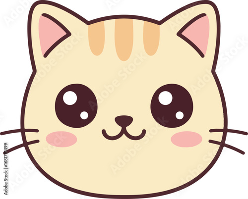 Adorable Cartoon Cat Face with Big Eyes, Cute Pet Animal, Isolated White Background