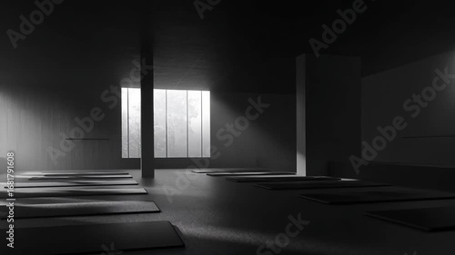 Light progressively entering yoga studio with mats