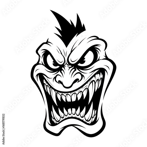 Illustration of fierce monster face with sharp teeth and mohawk, isolated on transparent background