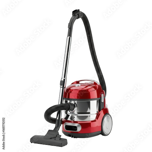 Powerful red canister vacuum cleaner with attachments for efficient home cleaning transparent background