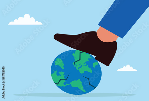 Vector illustration of a giant business foot crushing the globe symbolizing corporate dominance, economic power, global influence, and business control
