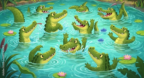 Happy crocodiles enjoying a swim in the water.