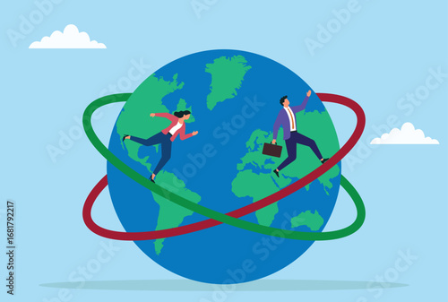 Vector illustration of business people running around the globe with circular orbit, symbolizing global business, international growth, worldwide connection, and teamwork
