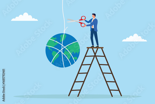 Vector illustration of a businessman standing on a ladder and cutting the rope of a hanging globe, symbolizing global risk, decision making, control, challenge and responsibility
