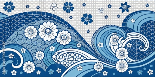 Blue Wave Floral Pattern Digital Illustration, Waves, Flowers, Blue and White, Zentangle, Japanese Style Zentangle, Japanese art