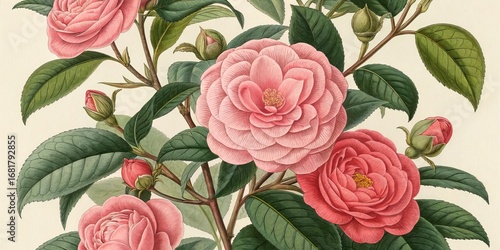 Botanical Illustration Pink Camellia Blossoms, Detailed Watercolor Painting, Floral Arrangement, Vintage, Camellia japonica Camellia, botanical art
