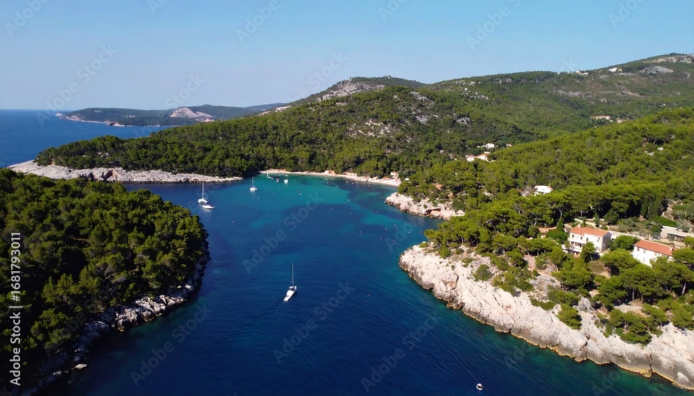 Obraz premium Picturesque Coastal Scenery with Turquoise Waters and Lush Greenery on a Sunny Day