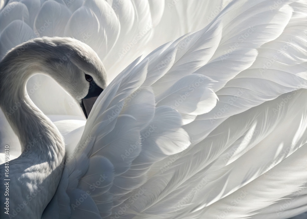 Obraz premium Elegant white swan with detailed feathers in soft sunlight