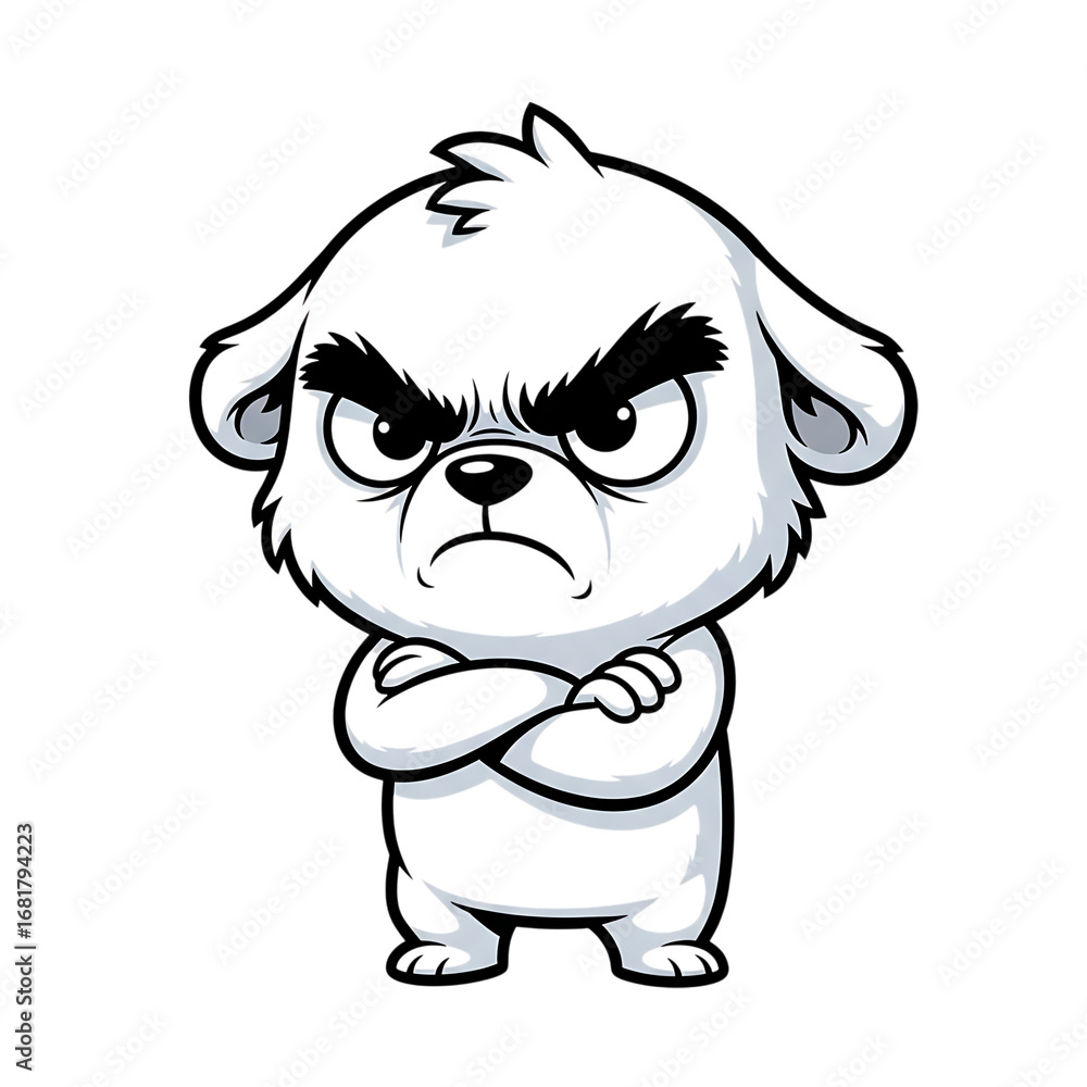Fototapeta premium Illustration of an angry cartoon dog with crossed arms and a grumpy expression, isolated on transparent background