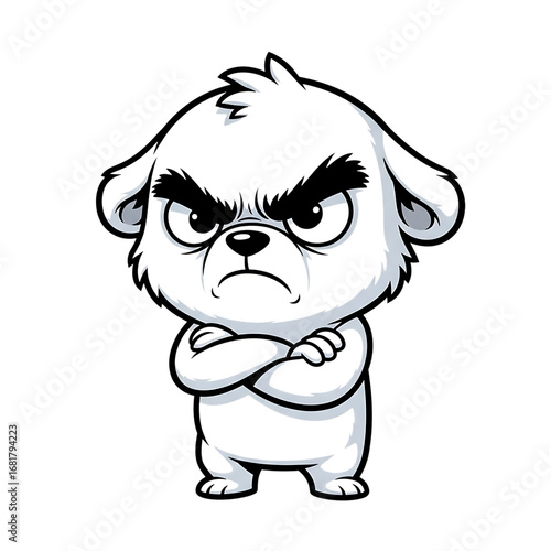 Illustration of an angry cartoon dog with crossed arms and a grumpy expression, isolated on transparent background