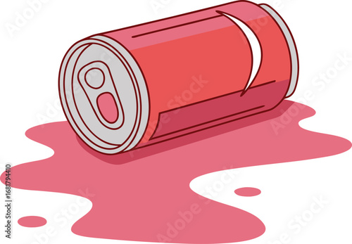 Vector art of a red soda can lying on its side, spilling its contents onto a white surface