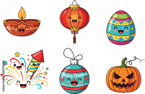 Festival icons illustration, cute Diwali Diya, Chinese lantern art, Easter egg design, firework cartoon, Halloween pumpkin, Christmas ornament