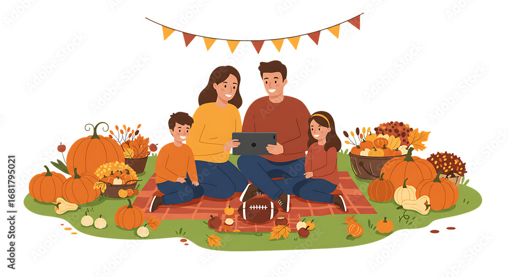 Naklejka premium Thanksgiving and Football Vector Illustrations on White Background – Family, Friends, and Festive Sports Scenes