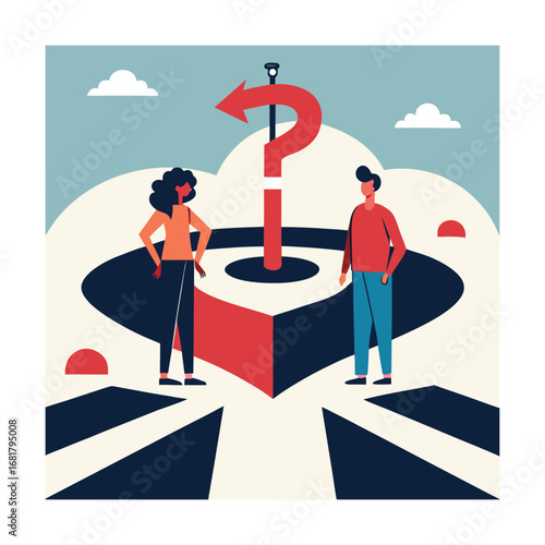 Two People at Crossroads with Question Marks