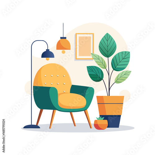 White Background Room with Chair Pouf and Decor