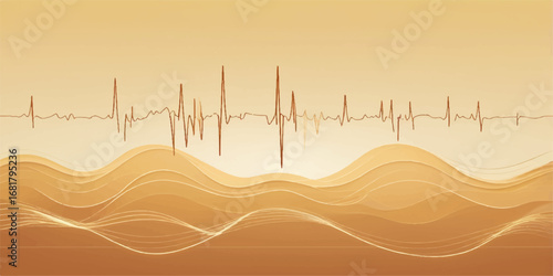 Vector landscape with abstract orange sun and geometric lines over desert sand dunes at sunset